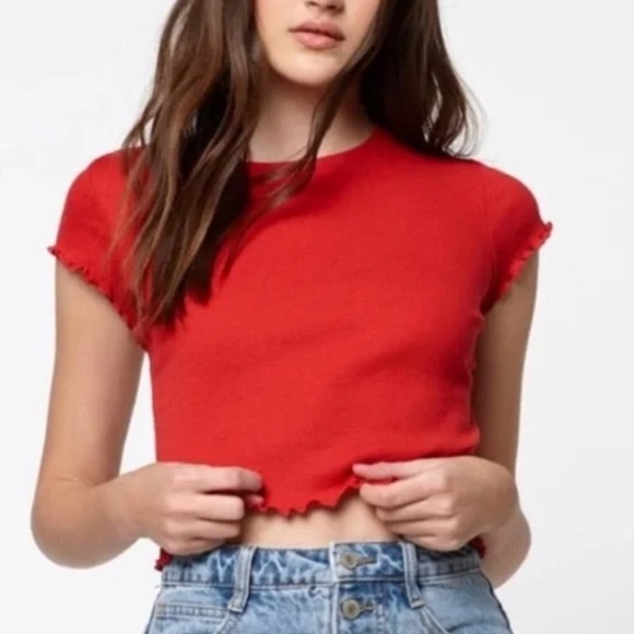 Brandy Melville Tops - Brandy Melville John Galt waffle knit lettuce hem red cropped short sleeve top